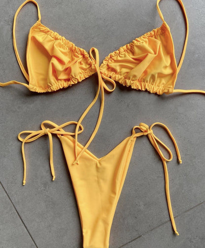 Popular Split Bikini Swimsuit Solid Color Women Bikini Tied Swimsuit