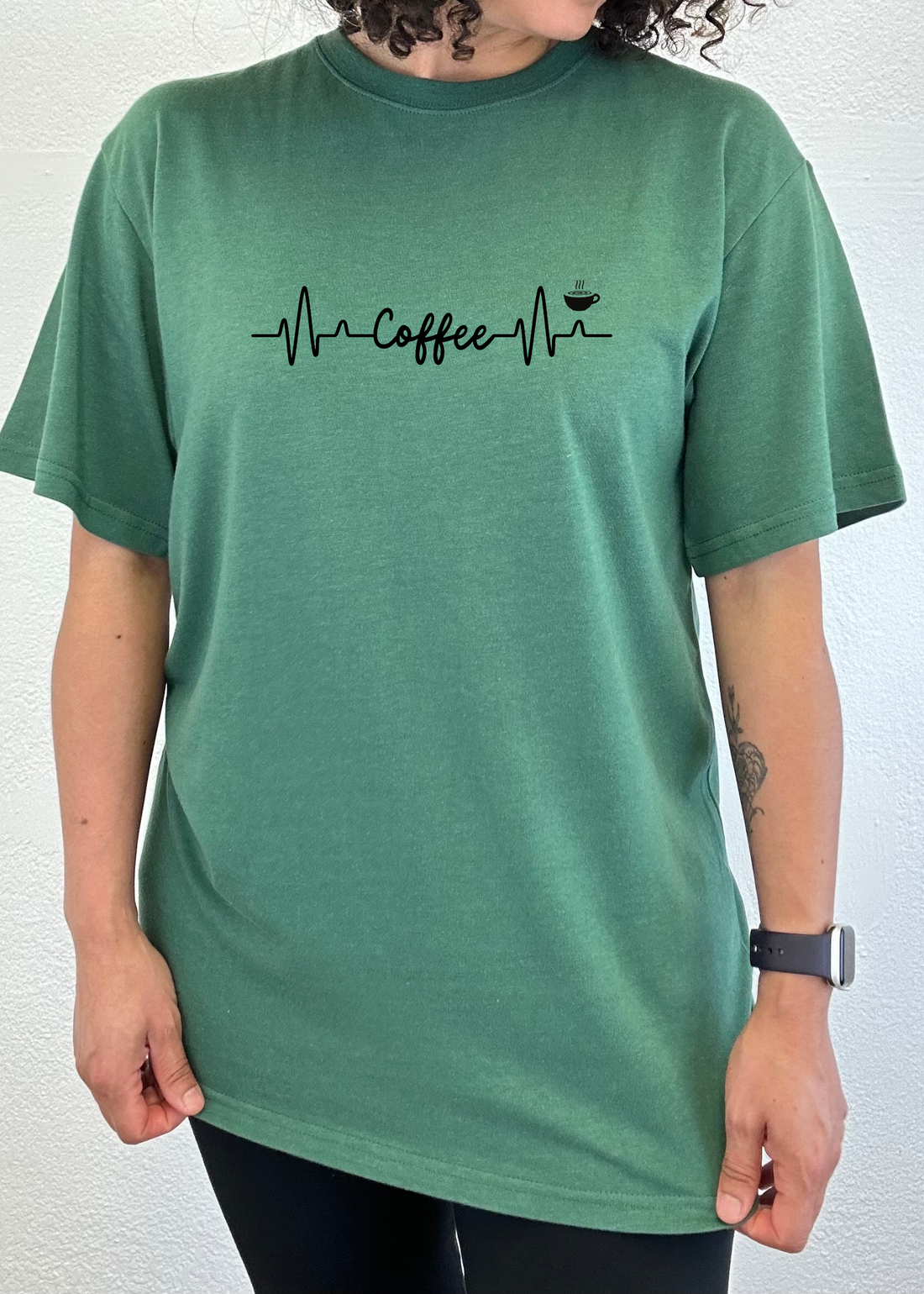 Unisex Heartbeat Coffee graphic t-shirt by Spun Bamboo, featuring a printed bamboo and cotton fabric design on a men&