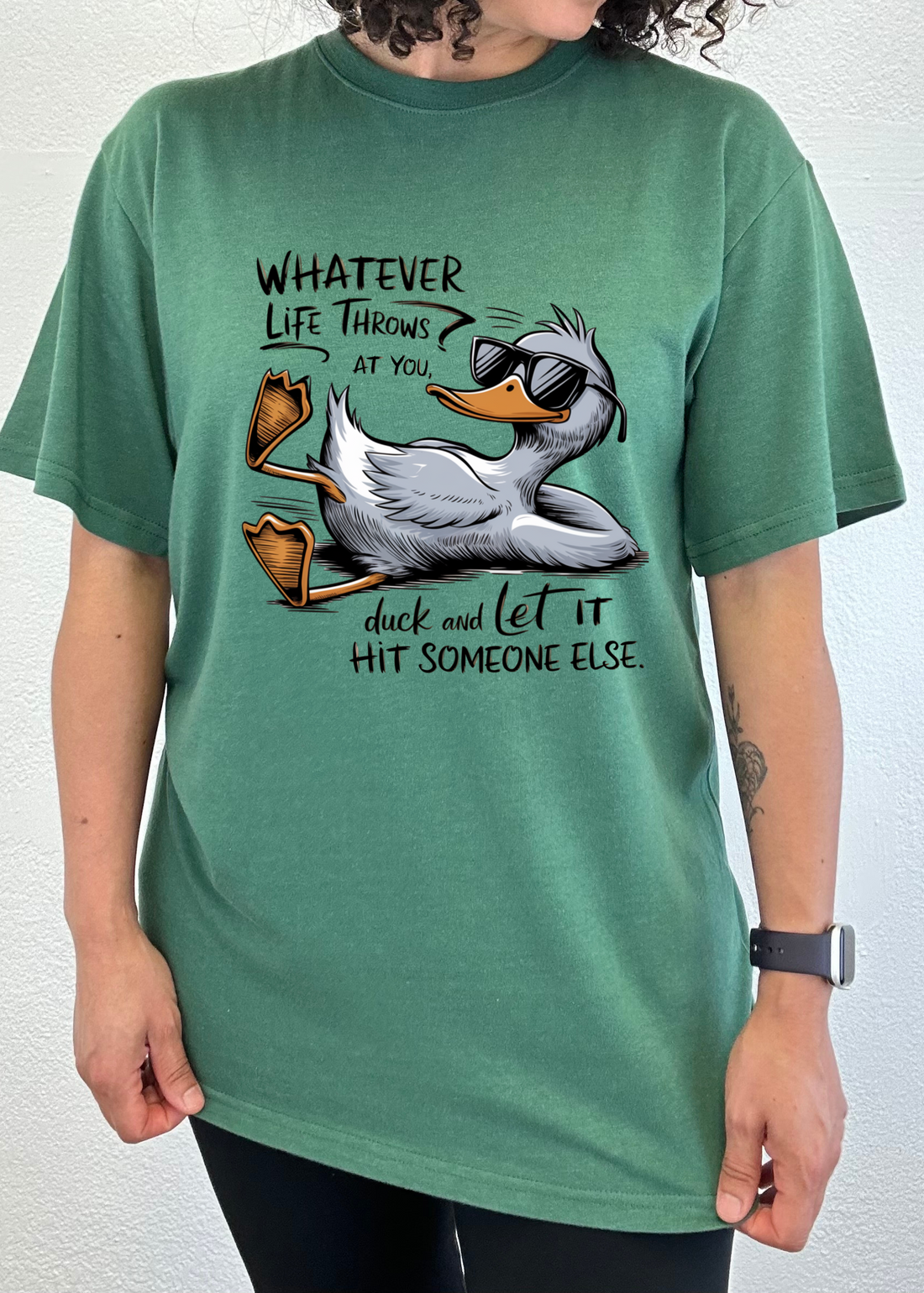 Unisex bamboo cotton graphic T-shirt by Spun Bamboo with humorous "Whatever Life Throws at You" print in black on front.