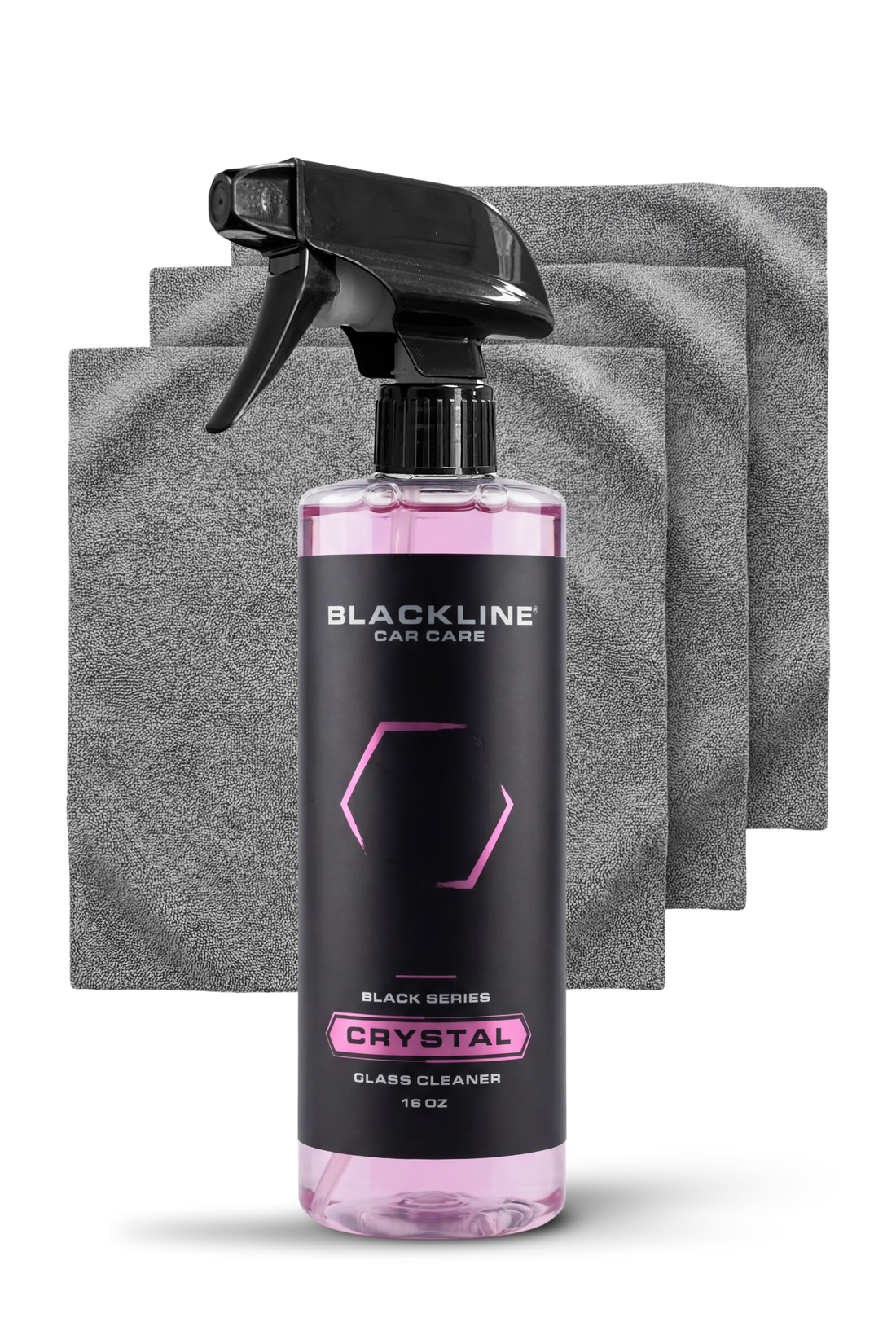 16oz Blackline Car Care Crystal Glass Cleaner bottle, clear liquid cleaner for spotless automotive glass surfaces.