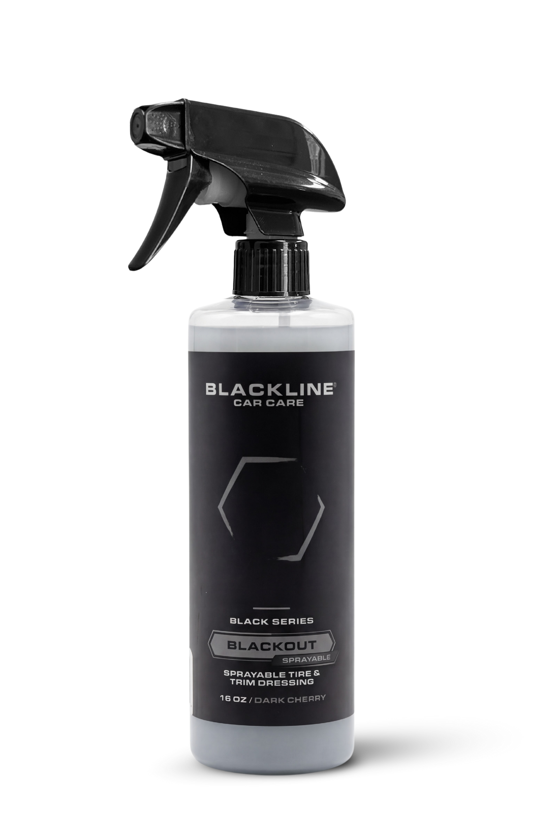 Blackline Car Care BLACKLINE® Blackout Trim &amp; Tire Dressing spray in a 16oz bottle, designed for enhancing trim and tires.
