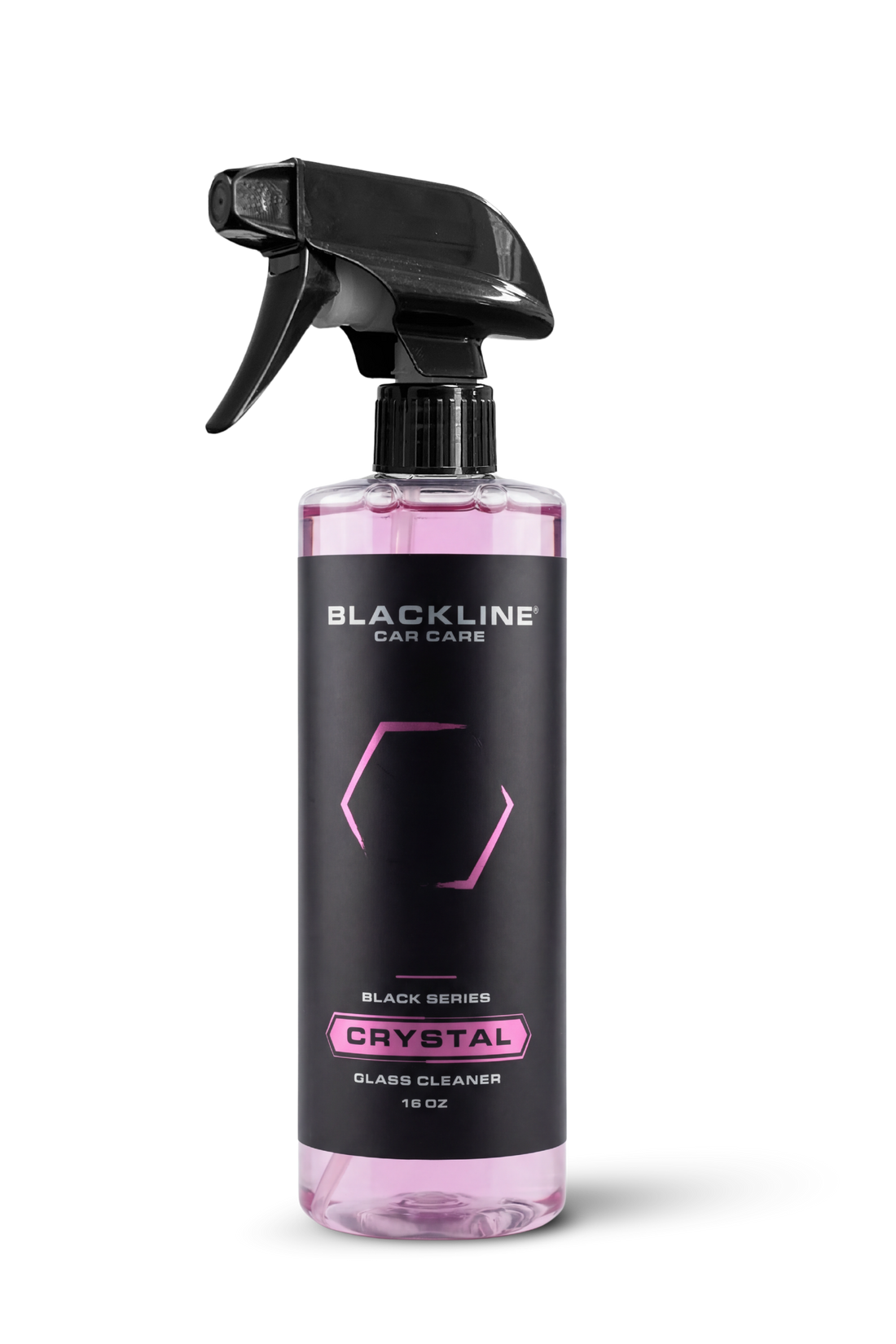 Blackline Car Care BLACKLINE® Crystal Glass Cleaner in a 16oz spray bottle, designed for streak-free automotive glass cleaning.