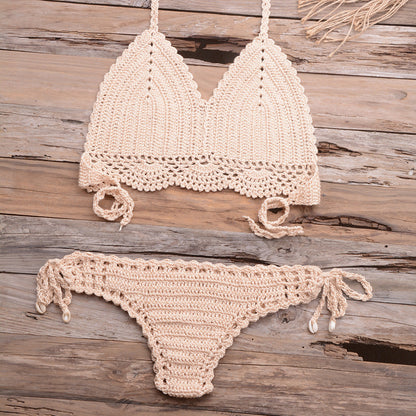 Beach Hollow-out Handmade Woven Split Strap Tank-Top Matching Shell Bikini Briefs