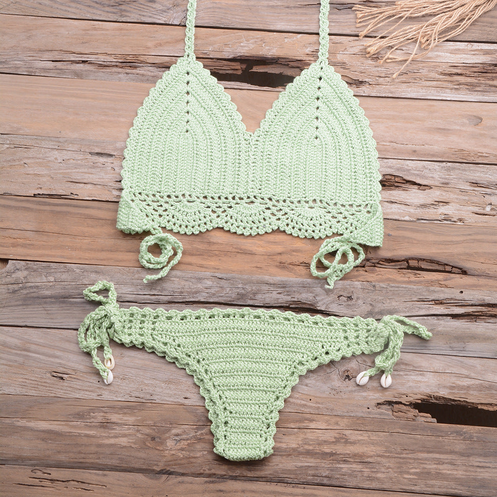 Beach Hollow-out Handmade Woven Split Strap Tank-Top Matching Shell Bikini Briefs