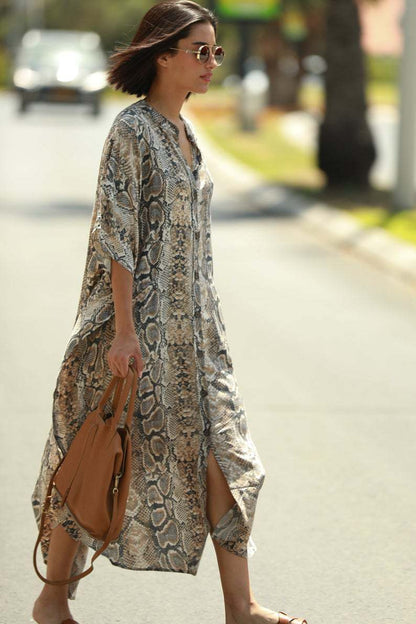 Beach Cover-up Elastic Printing Oversized Button Vacation Robe