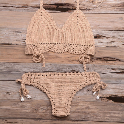 Beach Hollow-out Handmade Woven Split Strap Tank-Top Matching Shell Bikini Briefs