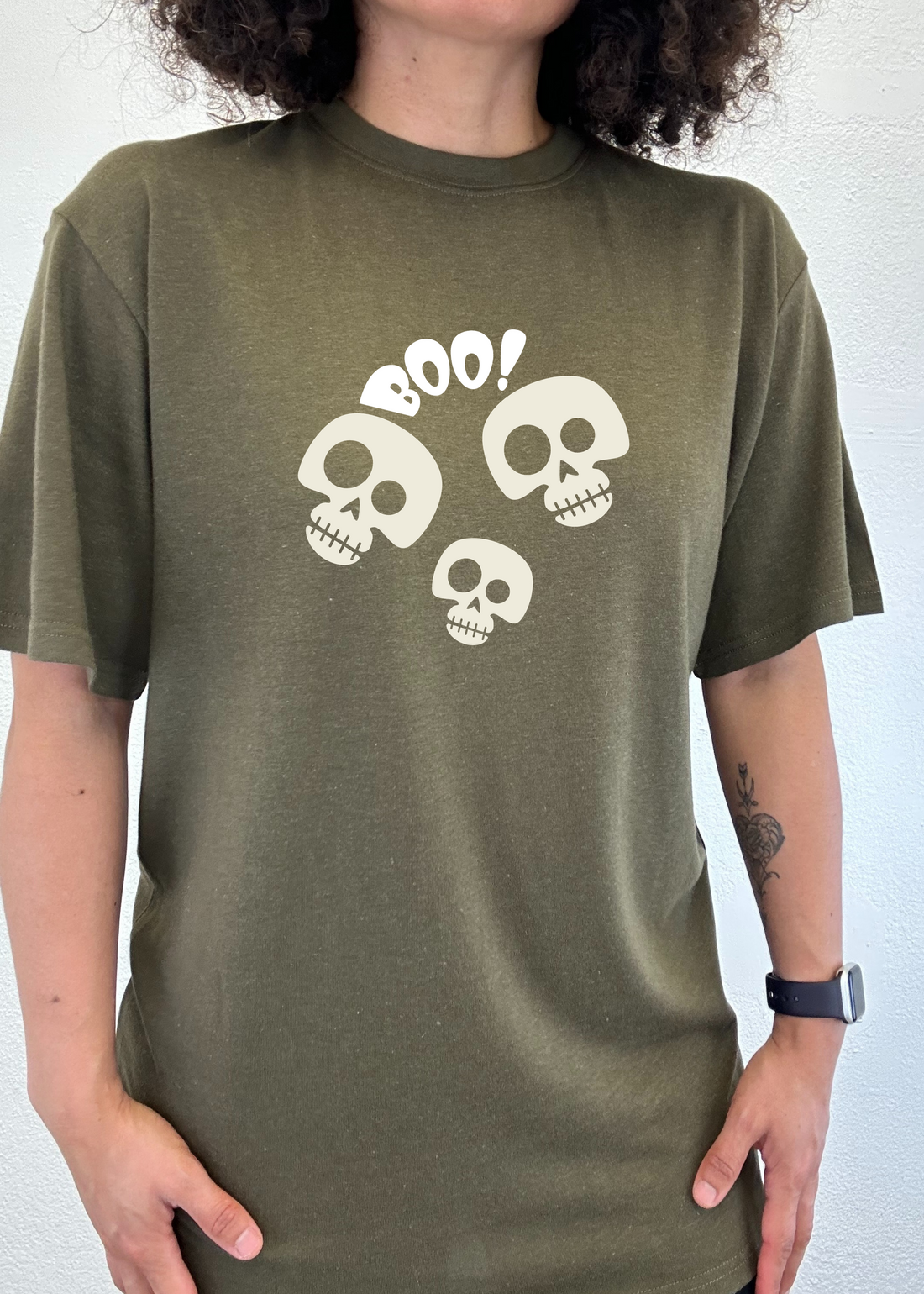 Unisex Halloween Boo graphic T-shirt by Spun Bamboo, short sleeve shirt made of organic cotton and bamboo viscose, with spooky design.