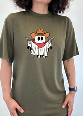 Unisex Cowboy Ghost graphic T-shirt by Spun Bamboo featuring a printed design on short sleeve bamboo viscose and organic cotton fabric.
