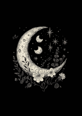 Mens Spun Bamboo boho T-shirt featuring moon and star graphic with floral vintage design in bamboo and cotton fabric.