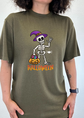 Happy Halloween unisex bamboo viscose organic cotton short sleeve graphic T-shirt by Spun Bamboo, featuring festive Halloween print.
