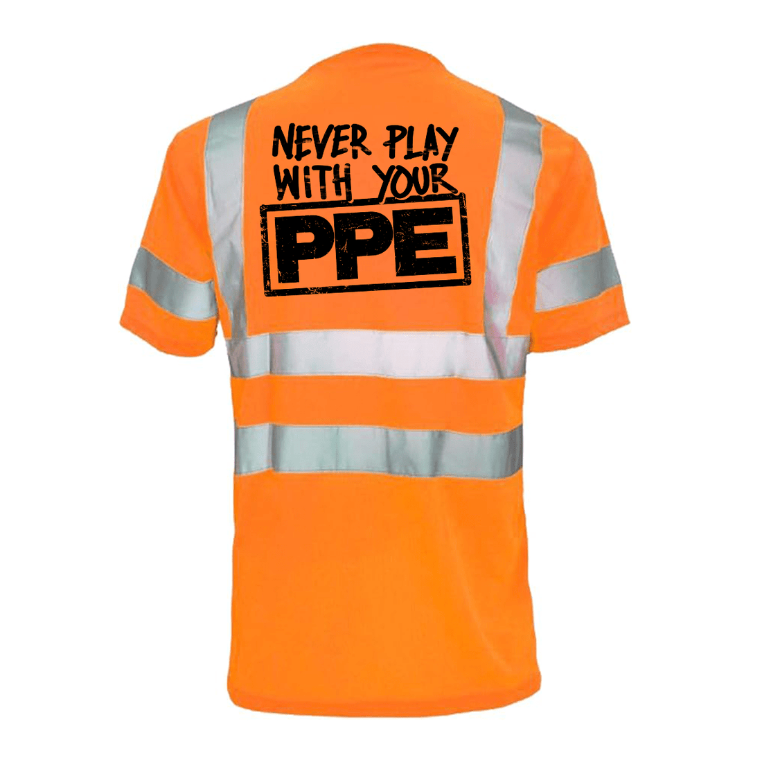 Reflective safety T-shirt by Armed American Supply with high-visibility reflective stripes and "Never Play With Your PPE" print.