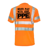 Reflective safety T-shirt by Armed American Supply with high-visibility reflective stripes and "Never Play With Your PPE" print.