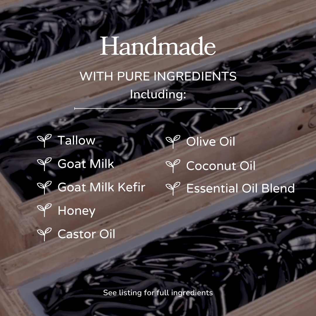 Handmade Clarifying Charcoal Bar Soap by Pretty Farm Girl, featuring tallow and goat milk for deep cleansing and skin nourishment.