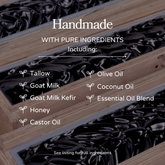 Handmade Clarifying Charcoal Bar Soap by Pretty Farm Girl, featuring tallow and goat milk for deep cleansing and skin nourishment.