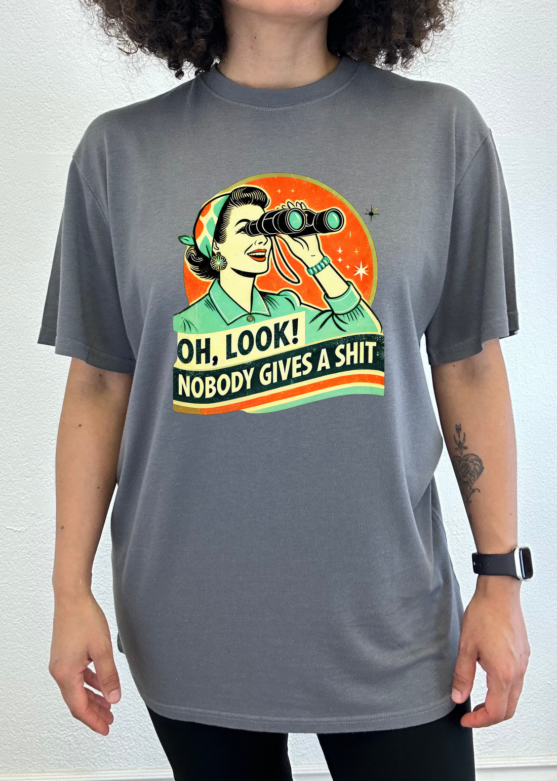 Mens printed T-shirt by Spun Bamboo featuring humorous retro woman graphic on bamboo and cotton fabric.