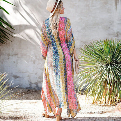 Rayon Printed Beach Jacket Vacation Loose Mid Length Sun Protection Cardigan Bikini Swimsuit Outwear Blouse