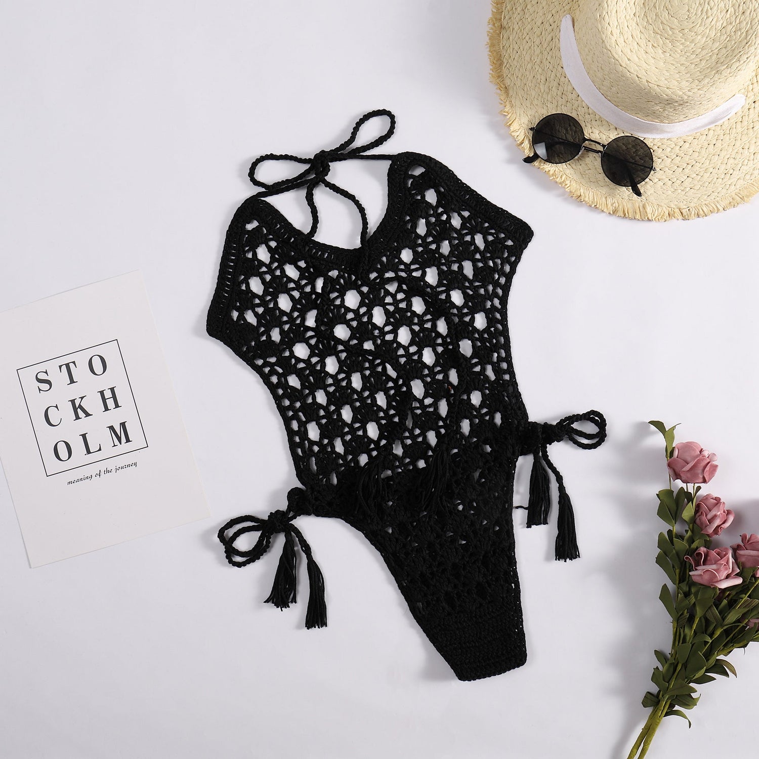 Sexy Halter Bandage Woven Hollowed Hand Crocheting Knitted Beach Bikini One-Piece Swimsuit Crochet hook