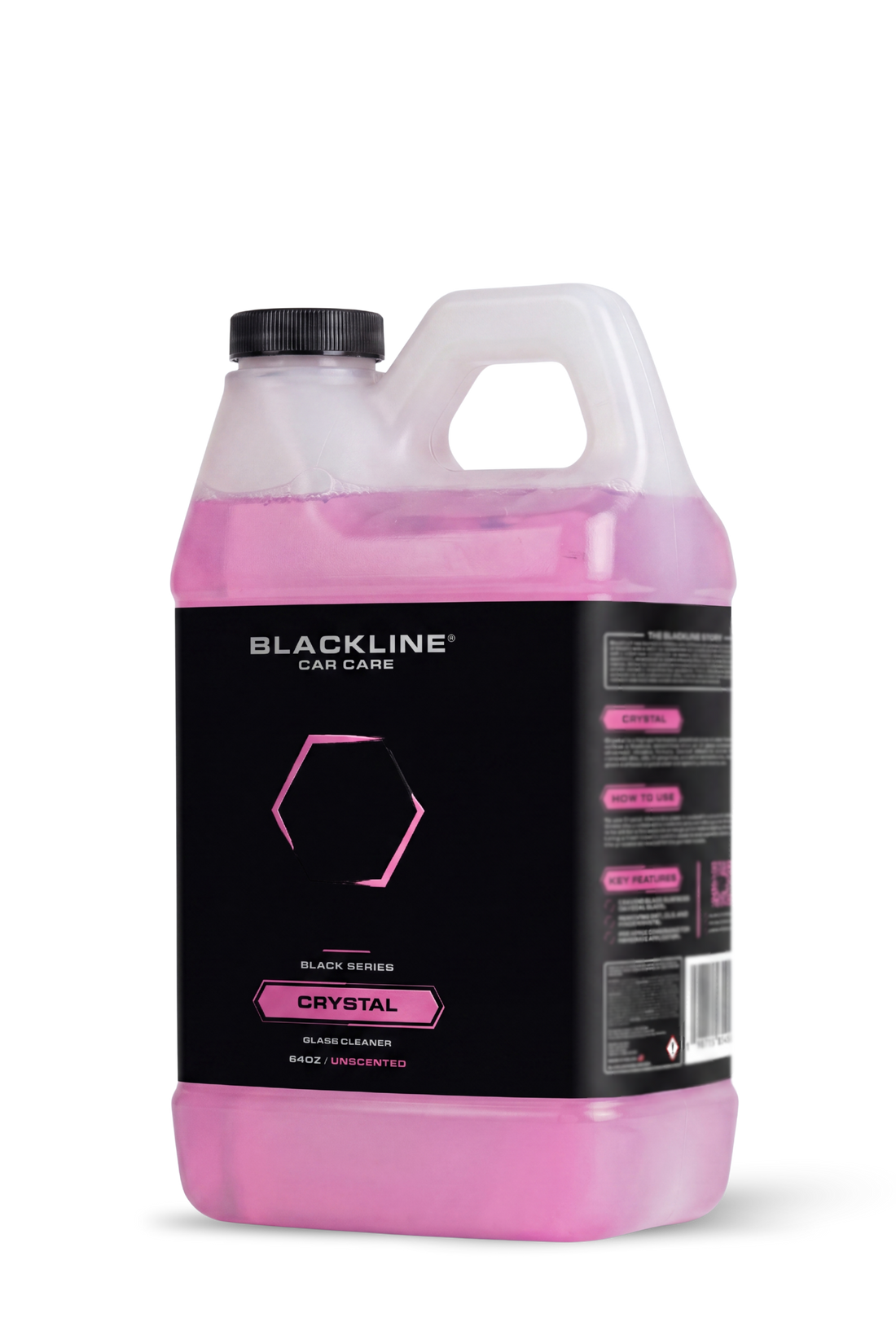 Blackline Car Care BLACKLINE® Crystal Glass Cleaner bottle, clear spray container with blue liquid for streak-free glass cleaning.