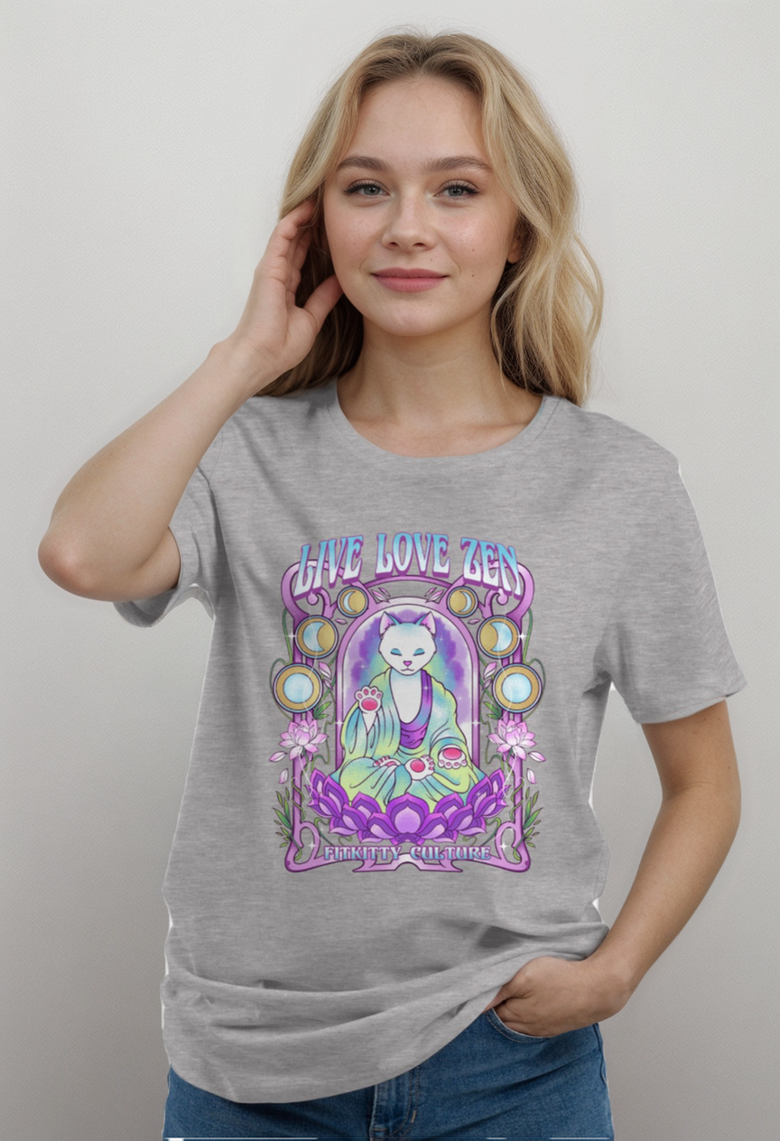 Light gray Fitkitty Zenkitty T-Shirt featuring a minimalist Zen design, casual fit, and comfortable fabric for women&