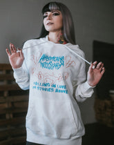 Vintage white Falling in Love hoodie by Any Means Necessary Clothing, featuring a comfortable pullover design and casual style.