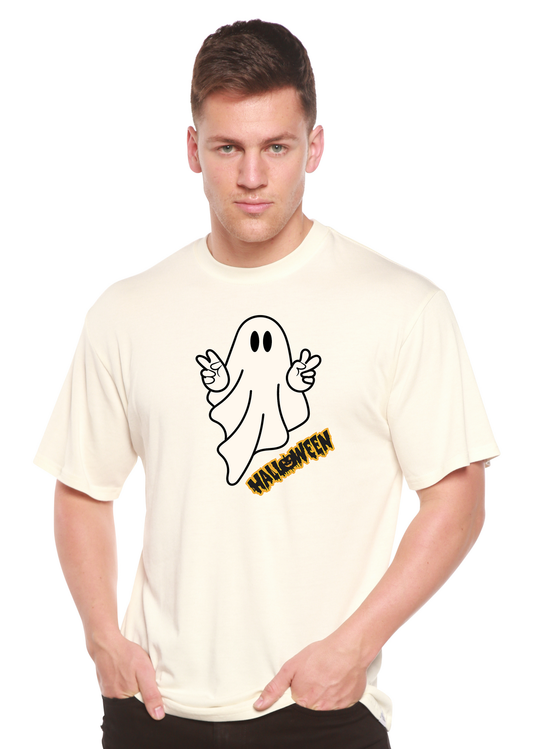 Unisex Halloween Ghost T-shirt by Spun Bamboo, short sleeve graphic tee with ghost design in bamboo viscose and organic cotton.
