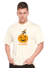Unisex Halloween pumpkin graphic T-shirt by Spun Bamboo, short sleeve, made from bamboo viscose and organic cotton, with festive print.