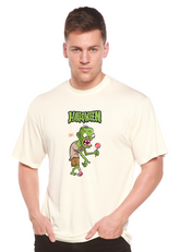 Green monster Halloween T-shirt by Spun Bamboo, unisex short sleeve graphic tee with printed monster design in bamboo viscose and organic cotton.