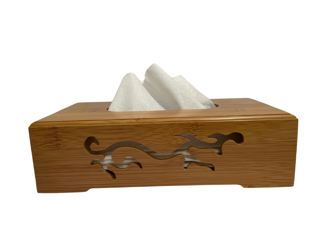 Spun Bamboo tissue box with a sleek, natural bamboo finish and a rectangular opening for tissue dispensing.