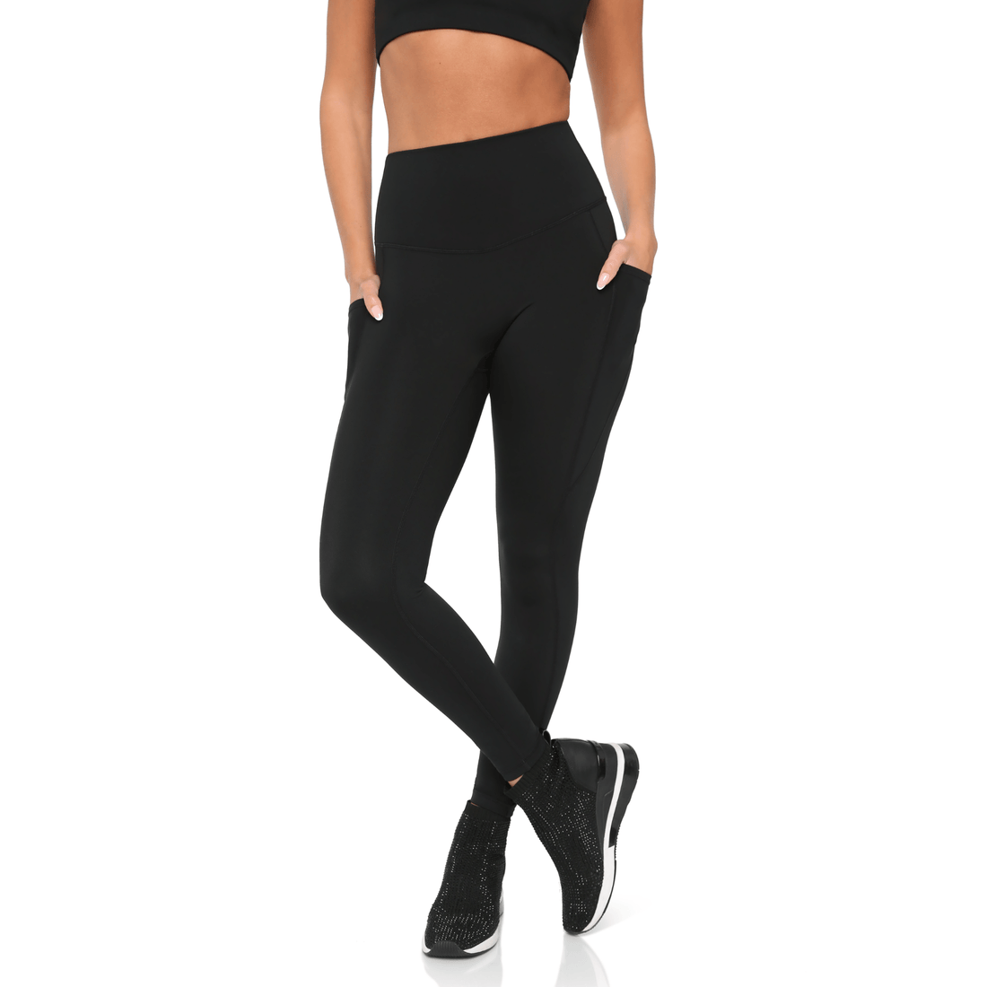 Black high-rise leggings from Fitkitty Culture BodyLove collection, made from stretchy athletic fabric for yoga and active wear.