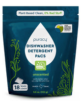 Puracy dishwasher detergent pods in a box, ready for use, with 18 pods in the packaging for effective cleaning.