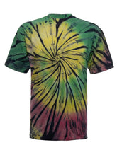 SpectraUSA Dynamite Spiral Tie-Dye T-shirt with vibrant multicolor spiral design on front, casual unisex tee.