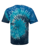 SpectraUSA Midnight Ocean Spiral Tie-Dye T-shirt showing the back view with vibrant spiral pattern in dark blue and black hues.