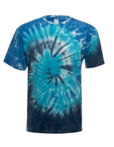 SpectraUSA Midnight Ocean Spiral Tie-Dye T-shirt with a vibrant spiral design on front, featuring deep blue and black tones.