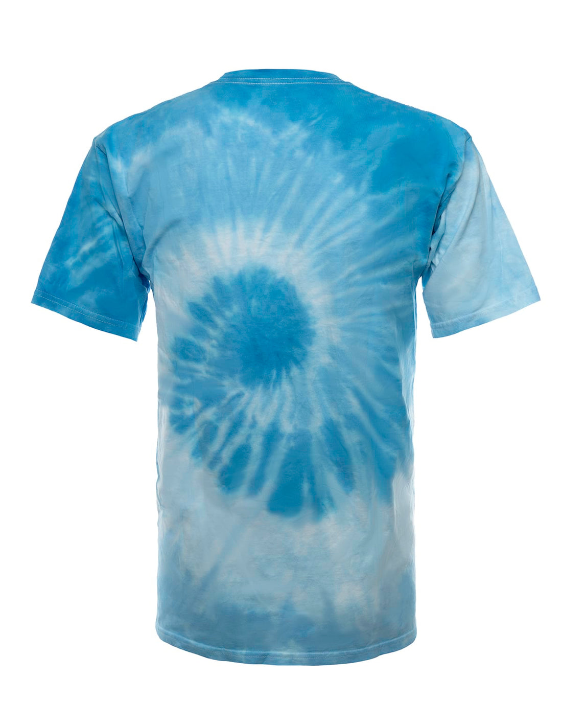 SpectraUSA Sky Multi Spiral Tie-Dye T-shirt with vibrant spiral pattern on back, casual unisex tee.