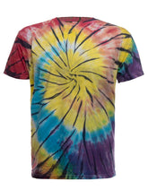 Rainbow spiral tie-dye t-shirt from SpectraUSA featuring vibrant rainbow-colored swirling pattern on front.
