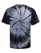 SpectraUSA shadow spiral tie-dye tee shirt shown from the back with a vibrant, swirling spiral pattern in shades of black and gray.