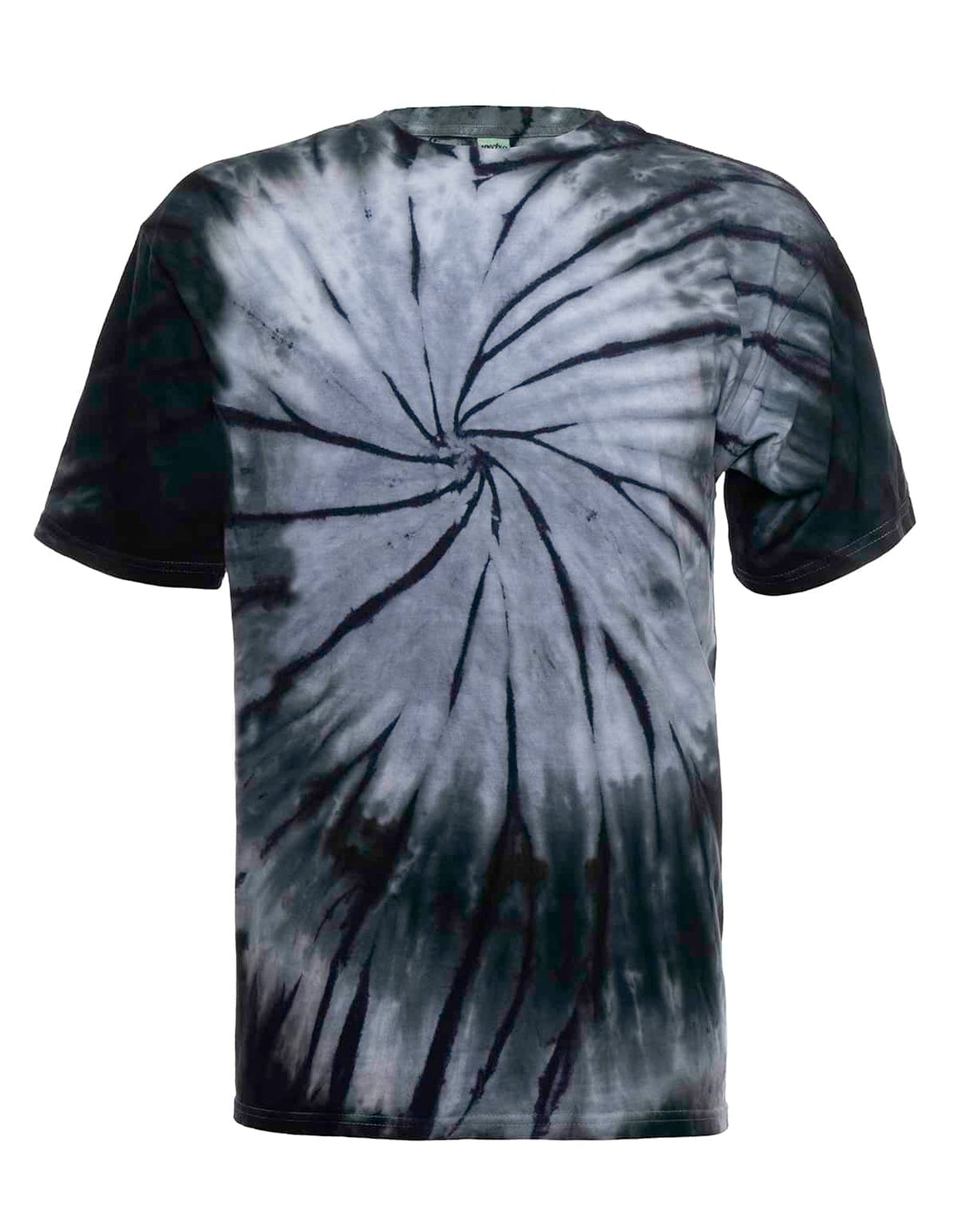 SpectraUSA Shadow Spiral Tie-Dye T-shirt with a vibrant black and gray spiral design on the front.