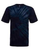 SpectraUSA Midnight Spiral Tie-Dye T-shirt with a single spiral design, front view showing dark blue and black tie-dye pattern.