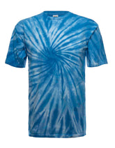 Sky single spiral tie-dye tee from SpectraUSA, front view showing vibrant spiral pattern and casual fit.