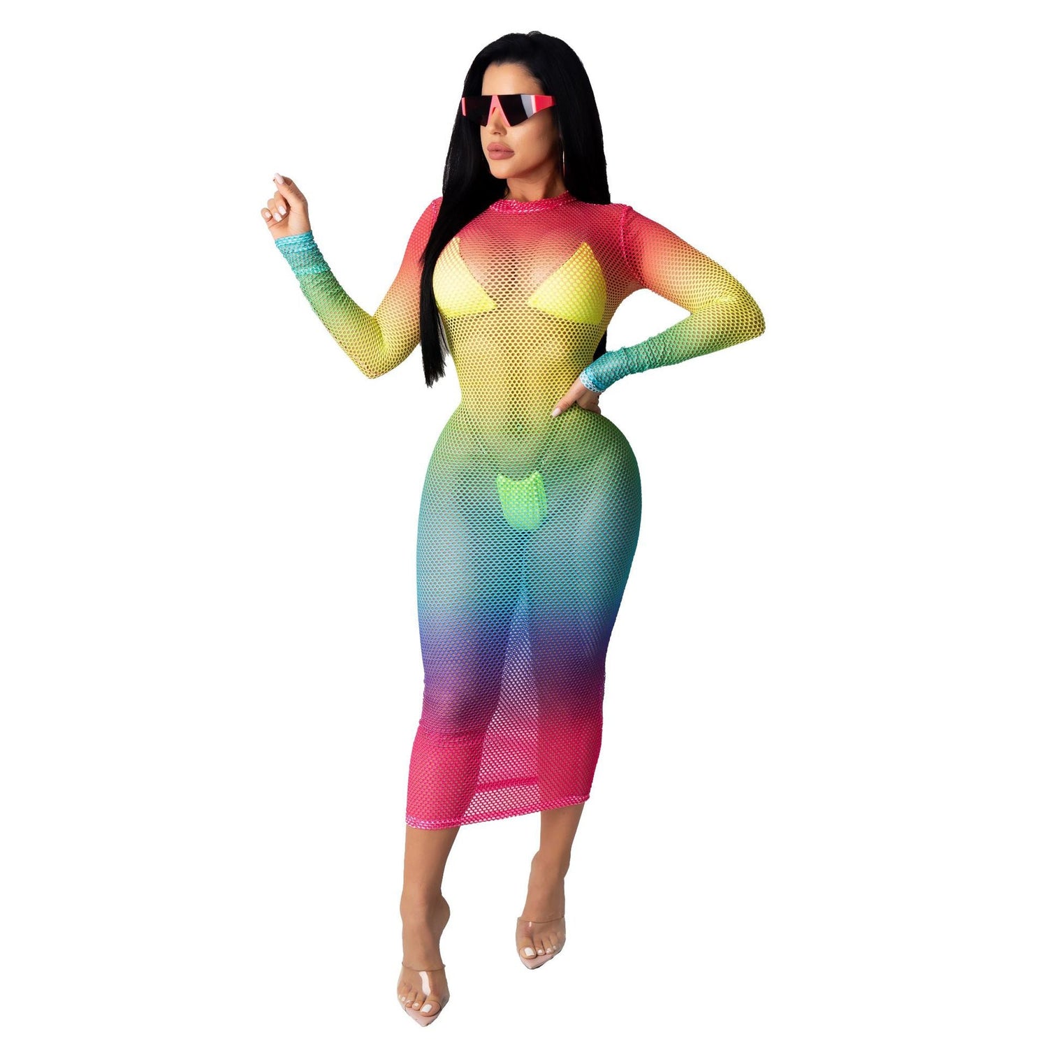 Wear Nightclub Super Elastic Angular Mesh Printed Dress