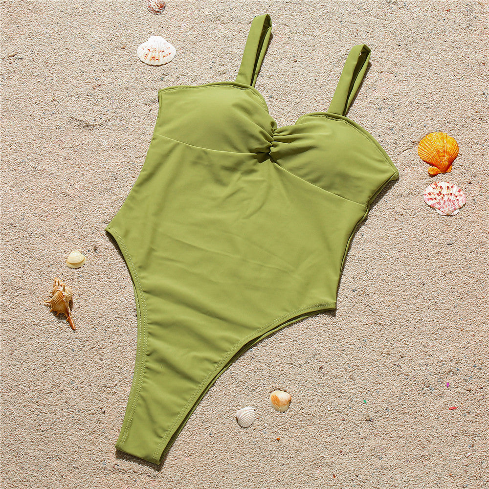Bikini One-Piece Solid Color Ruched Sexy Swimsuit