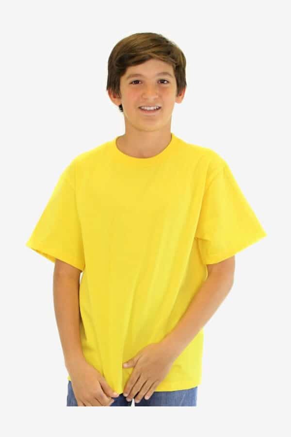 Bright yellow youth crew neck shirt for kids by SpectraUSA, displayed on a plain background.