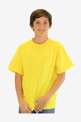 Bright yellow youth crew neck shirt for kids by SpectraUSA, displayed on a plain background.