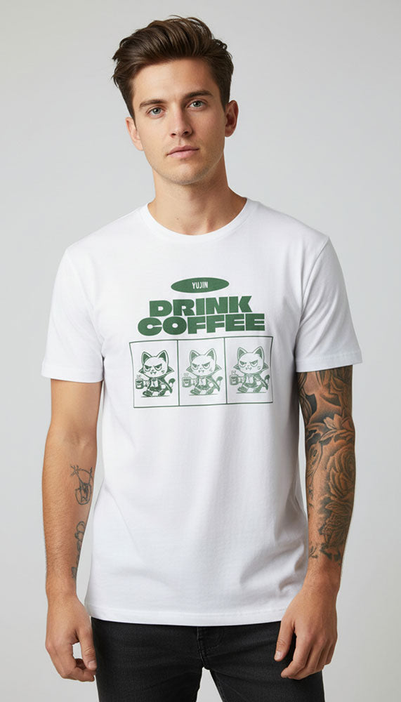 Gray Drink Coffee Cat T-Shirt by Yūjin Clothing featuring a playful cat drinking coffee graphic on soft cotton fabric.