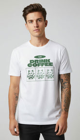 Gray Drink Coffee Cat T-Shirt by Yūjin Clothing featuring a playful cat drinking coffee graphic on soft cotton fabric.
