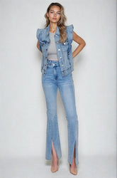 Light denim Victorian charm ruffle-trim sleeveless vest jacket by Fitkitty Culture, stylish layered denim clothing for women.
