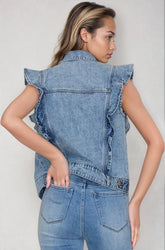 Light denim Victorian charm ruffle-trim sleeveless vest jacket by Fitkitty Culture, featuring statement ruffles and classic denim design.