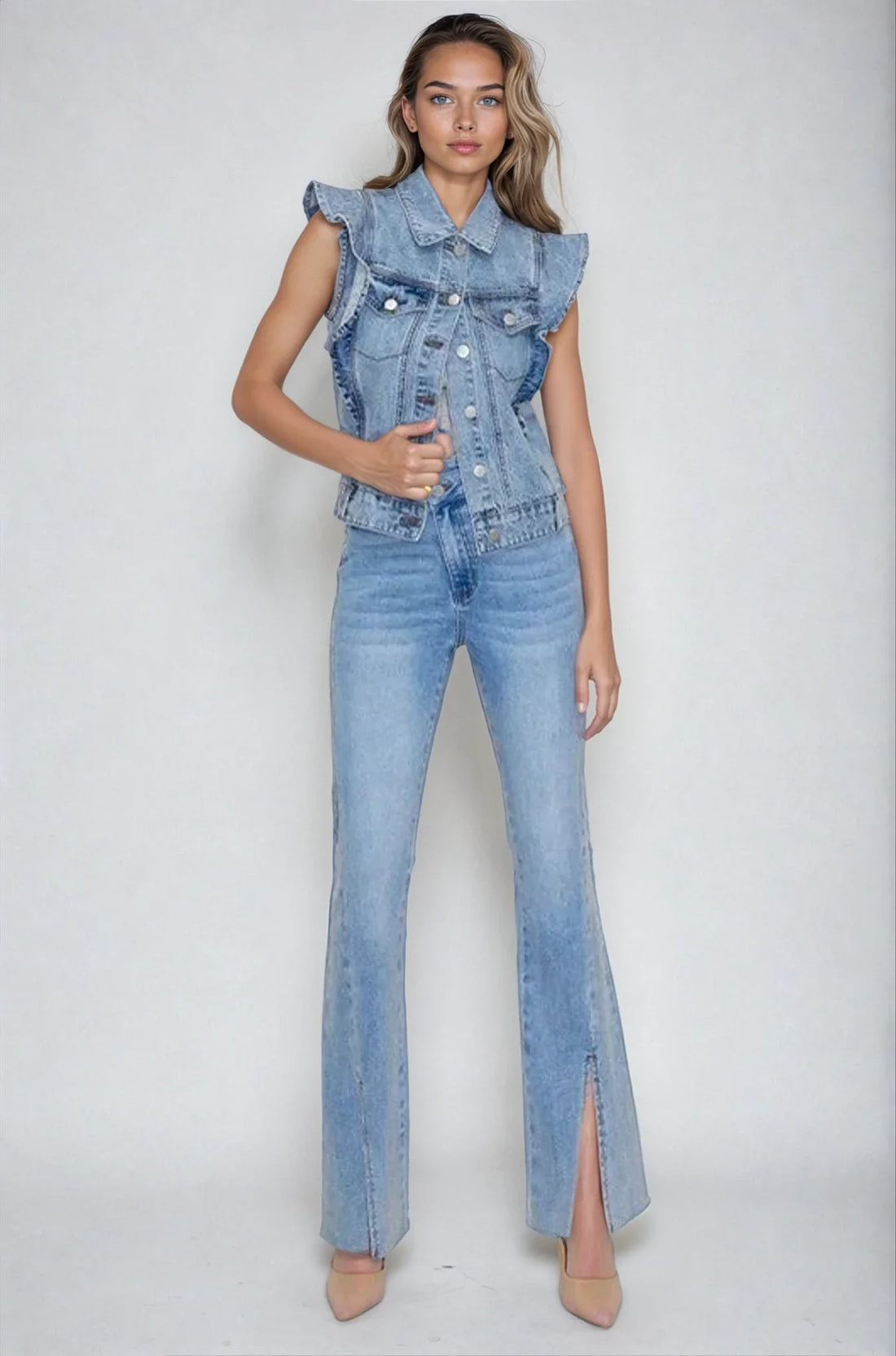 Light denim Victorian charm ruffle-trim sleeveless vest jacket by Fitkitty Culture, featuring a stylish statement layer with ruffle details.
