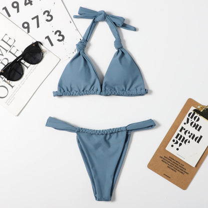 Bikini Split Swimsuit Women Solid Color Sexy Swimsuit Triangle Halter Spaghetti Straps Nylon Swimsuit