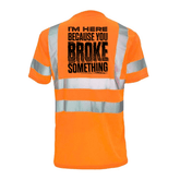 Reflective safety T-shirt by Armed American Supply with high-visibility reflective strips and bold "Broke Something" print.